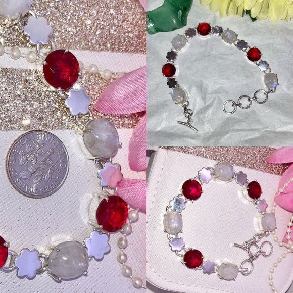 Rainbow Moonstone & Garnet Gemstone Handmade Bracelet - Picture 2 of 3